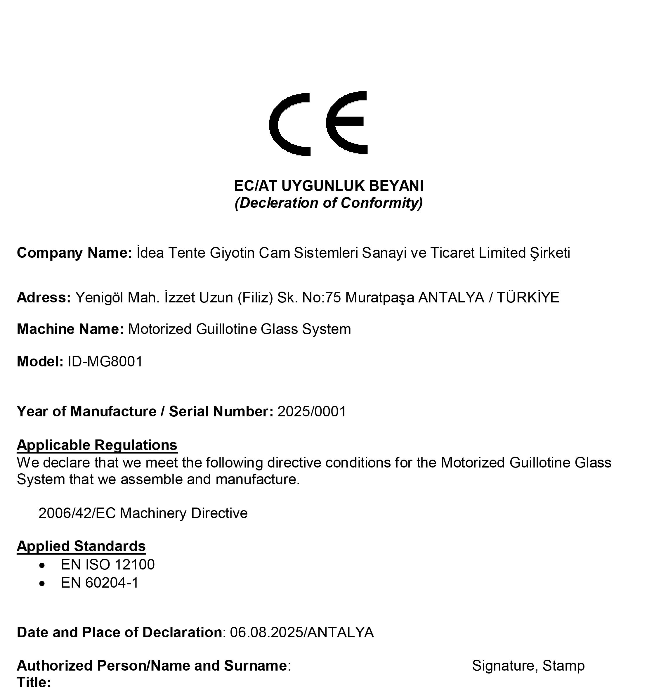 Uygunluk Beyanı - Motorlu Giyotin Cam Sistemi